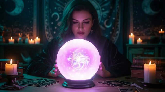 A fortune teller gazes into a glowing magic crystal ball. A psychic predicts the future with tarot cards in a mystical room. Esoteric divination concept