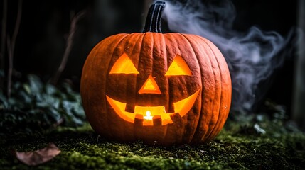 Jack o lantern glowing on mossy ground with fog swirling through forest trees