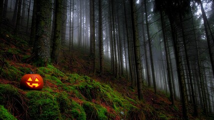 Jack o lantern glowing on mossy ground with fog swirling through forest trees