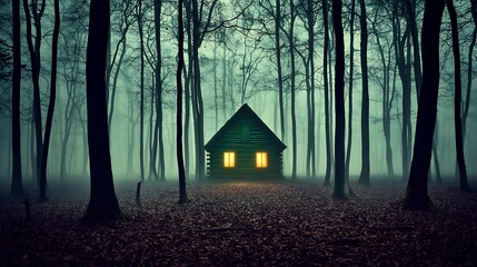 Hidden cabin in spooky forest glowing eerily through surrounding night fog