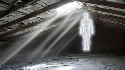 Haunting figure floating in eerie abandoned attic with cracked beams and moonlight