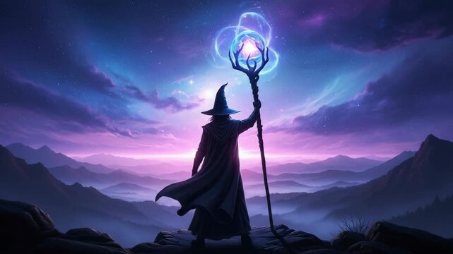 A wizard with a glowing magic staff on a mountain peak. Sorcerer overlooking a fantasy landscape under a starry night sky. Epic adventure and magic concept
