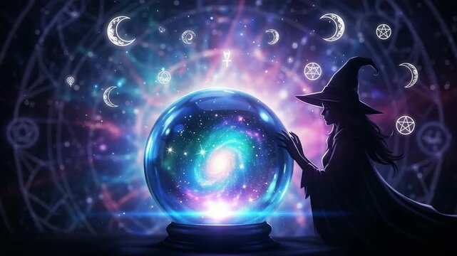 A witch gazes into a glowing crystal ball containing a spiral galaxy. Mystical scene with esoteric symbols for divination and astrology. Animated fantasy background