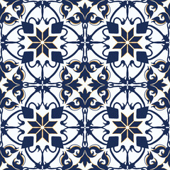 Navy Blue Eight-Point Star and Vine Moroccan Tile Pattern with Gold Highlight