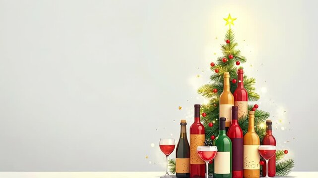 Festive wine bottles and glasses by a decorated fir tree with glowing star on light background, right aligned with wide copyspace and tiny sparkles, concept for holiday beverage advertising