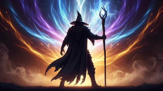 A powerful wizard with a glowing staff stands against a magical sky. Epic fantasy sorcerer channeling mystical energy. Animated background for a gaming concept