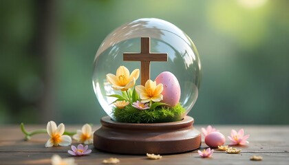 easter cross and flowers in floating crystal ball