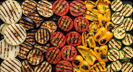 Vibrant grilled vegetables ready for a summer barbecue feast, top view