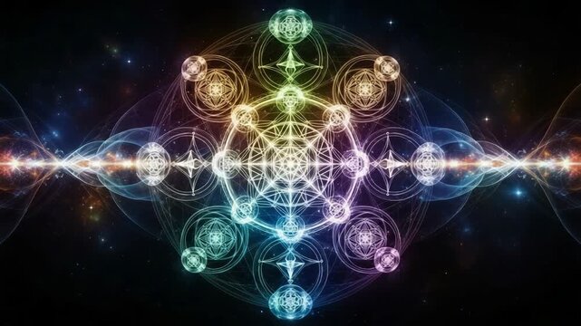 Animated sacred geometry symbol glowing in deep space. A spiritual mandala pattern with flowing energy waves. Abstract cosmic background for meditation and consciousness concepts