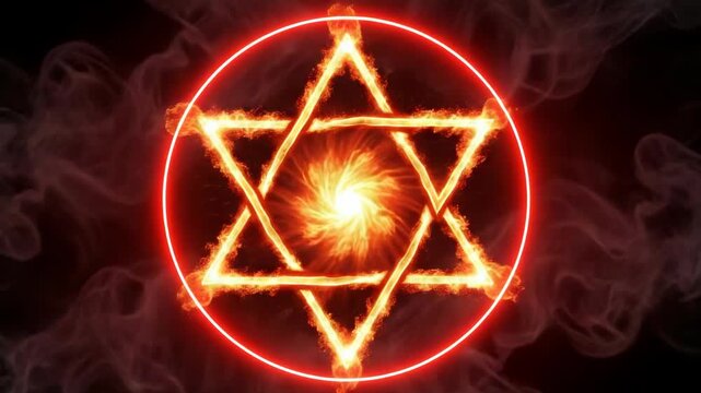 Glowing Star of David animation with burning flames. Mystical hexagram symbol with a swirling energy vortex. Spiritual and religious motion background