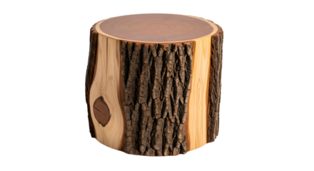 A textured wood stump slice isolated on a transparent background featuring a detailed trunk and bark pattern. The natural brown tones and rough lumber surface highlight the circular tree ring design.