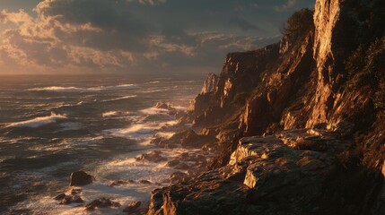 Dramatic Coastal Cliffs at Sunset - Golden Hour Seascape.