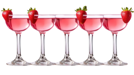 Five glasses of pink cocktail with strawberry garnish isolated on transparent background