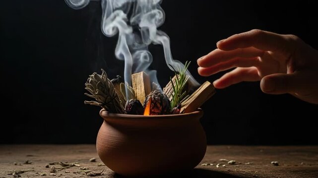 A hand over a smudging bowl with burning sage, palo santo, and herbs. Spiritual cleansing ritual with rising smoke. Aromatherapy and meditation concept