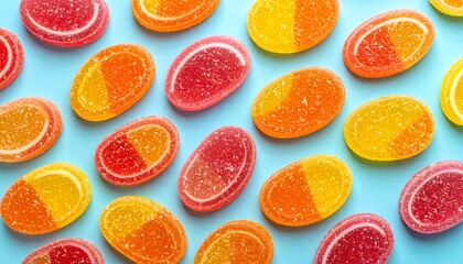 Colorful jelly candies on a light blue background