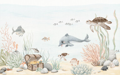 Watercolor panoramic wallpaper with sea animals, fishes and treasure chest. Cute cartoon illustration in pastel colors, horizontal border for your mural, background or decoration design. © Nikole