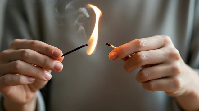 Close-up of hands lighting a match with a burning flame. Bright fire and smoke from two matchsticks. Ignition and connection concept