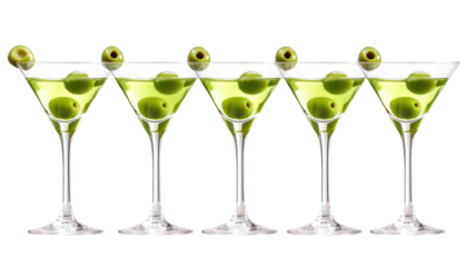 Five martini glasses with olives isolated on transparent background