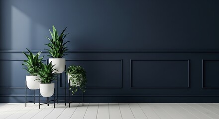 Modern interior with potted plants against a dark blue wall with wainscoting