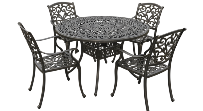 A set of ornate black metal outdoor table and chairs featuring detailed openwork designs. The furniture is isolated with a transparent background, perfect for design projects and cutouts.
