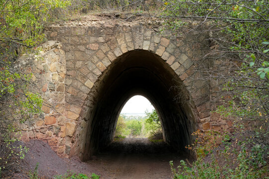 Old stone railway tunnel hidden in overgrown landscape, ancient arched architecture surrounded by wild vegetation, historic abandoned transport structure in countryside