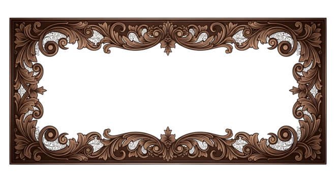 A rectangular metal frame features ornate floral and scroll designs on a transparent background ideal for overlays and graphic elements vintage style for design projects.