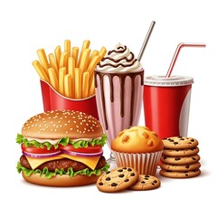 Fast food meal with burger, fries, milkshake, soda, muffin, and cookies