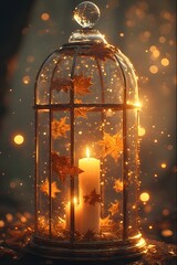 a candle with autumn leaves burning within a bird cage