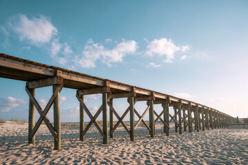Fototapeta premium Coastal Wooden Boardwalk Stretching Across Sandy Beach Under Expansive Blue Sky | Serene Oceanfront Path for Scenic Views & Exploration