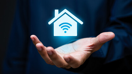 Hand holding glowing smart home icon with wifi signal symbolizing connected living