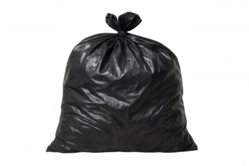 Black plastic garbage bag tied and full with trash, representing waste, pollution and environmental concerns, transparent background