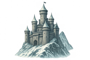 Fantasy castle on snowy mountain with transparent background