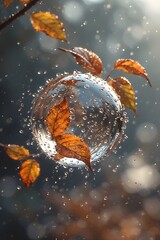 autumn leaves surrounding a floating crystal orb with water droplets