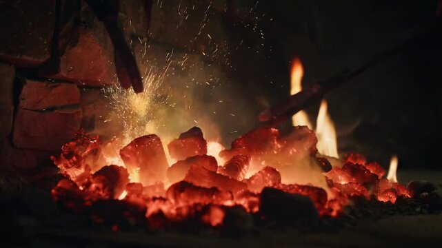 Close-up of glowing charcoal and flames inside rustic forge with tongs stirring coals