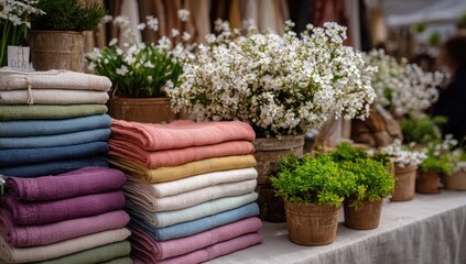 Stacked linen fabrics, various colors, displayed with flowers and greenery on a market table