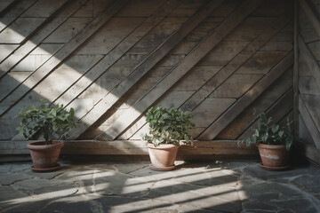 Sunlit Potted Greenery Against Rustic Diagonal Wood: Evoking Serenity & Natural Home Decor with...