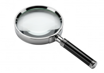 Polished magnifying glass with black handle isolated on a transparent background