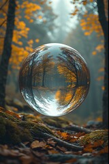 a spherical glass orb with reflection of jungle in fall season