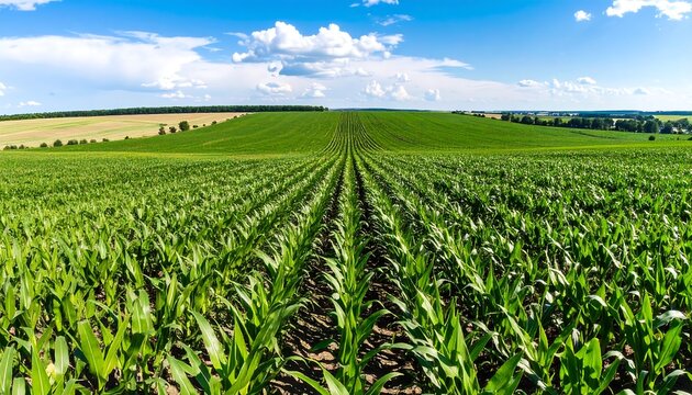 Wide shot of a cornfield under a blue sky - Powered by Adobe