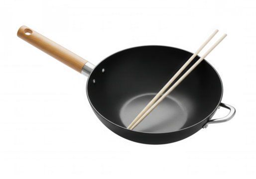 Black wok with wooden handle and chopsticks isolated on a transparent background