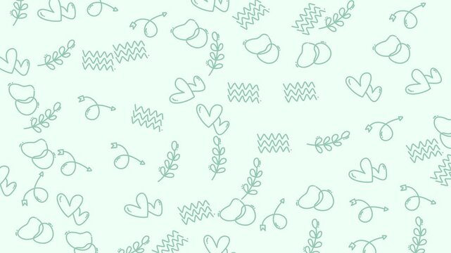 A seamless pattern of cute, hand-drawn doodles including hearts, leaves, and abstract shapes on a pale mint green background.