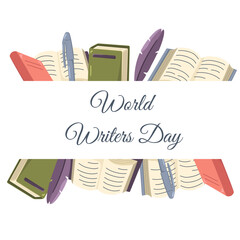 Vector banner with books and pens. Concept for World Writers Day. Color composition for school and library.