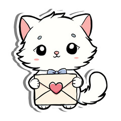 Cute cartoon white cat holding a love letter with heart seal and bow. Adorable design with pink ears and fluffy tail, perfect for Valentine Day, greeting cards, or romantic content.