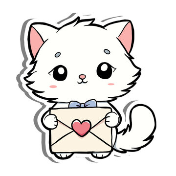 Cute cartoon white cat holding a love letter with heart seal and bow. Adorable design with pink ears and fluffy tail, perfect for Valentine Day, greeting cards, or romantic content.