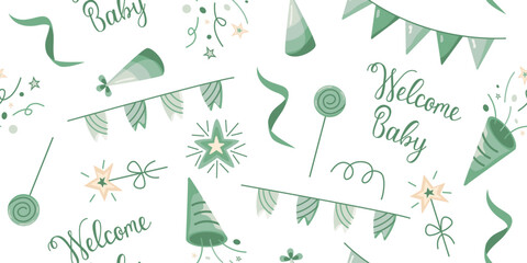 Seamless pattern for baby gender reveal. Cute vector background with green confetti, bunting, and sweets.
