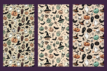Halloween seamless pattern set with pumpkins, ghosts, skulls and spooky elements
