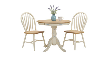 Two Wooden Chairs Flanking a Round Table on Transparent Background with Blue Vase and Purple Flowers