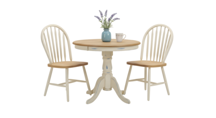 Two Wooden Chairs Flanking a Round Table on Transparent Background with Blue Vase and Purple Flowers