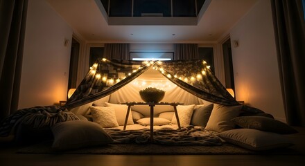 Cozy Blanket Fort with String Lights and Popcorn for a Fun Night In.