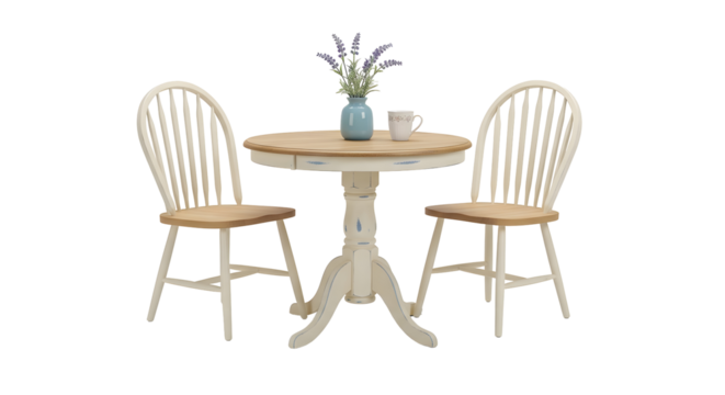 Two Wooden Chairs Flanking a Round Table on Transparent Background with Blue Vase and Purple Flowers